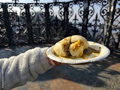 Hand holding a plate of traditional Himachali Sittu, a steamed stuffed bread with local filling, photographed outdoors in natural sunlight against a hillside backdrop.