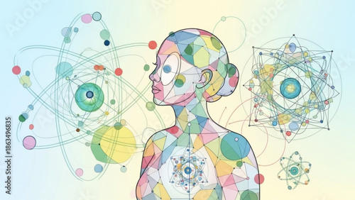 Woman with colorful abstract molecular structures and geometric patterns around her head