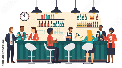 Vibrant bar scene featuring a diverse group of patrons and a skilled bartender serving cocktails at a well lit, stylish counter.