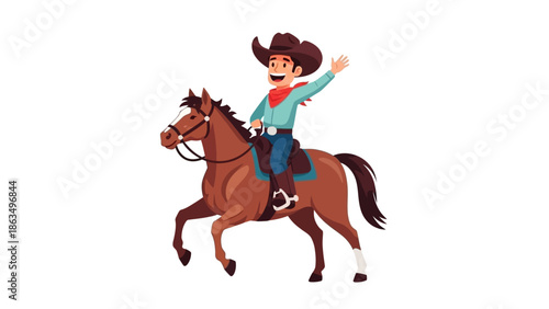 Cheerful Cowboy Riding a Horse in a Lively Cartoon Scene.