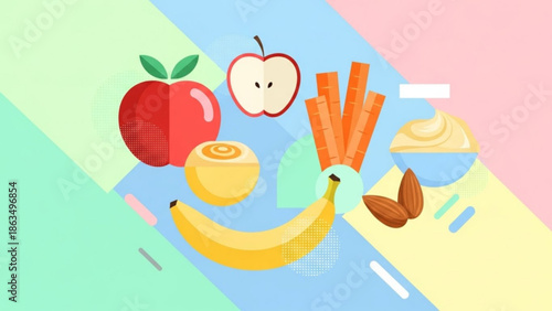 A colorful illustration of healthy food including fruits and vegetables with a smiley face