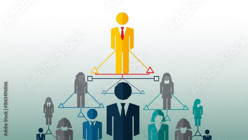 Business hierarchy chart with people icons and organizational structure
