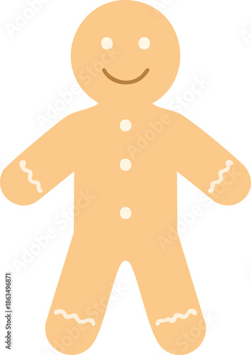 A cute cartoon illustration of a smiling gingerbread man cookie shaped like a sweet baby boy toy isolated on a white background for a fun Christmas holiday snack