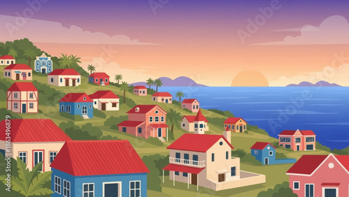 Colorful seaside hillside village at sunset with calm coastal scenery.