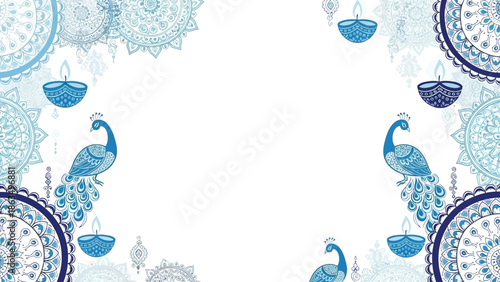 Elegant blue ornamental border featuring peacock and tile motifs that frame a decorative patterned design.