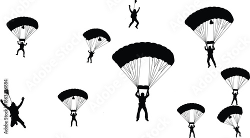 Parachuting silhouette vector of skydivers in descent with parachutes for adventure, military, sport, training, and outdoor design useParachuting silhouette vector 