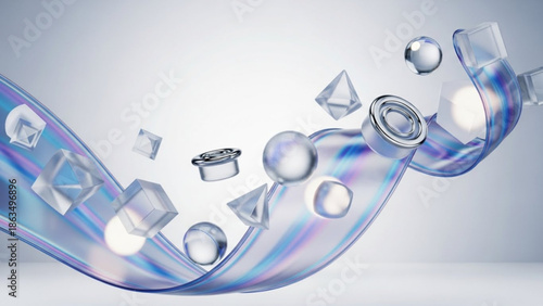 Iridescent ribbon with floating glass and metal objects on white background, abstract concept