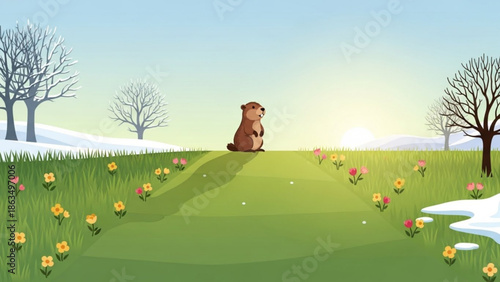 A brown bear sitting on a green grassy hill with colorful flowers and bare trees in a serene