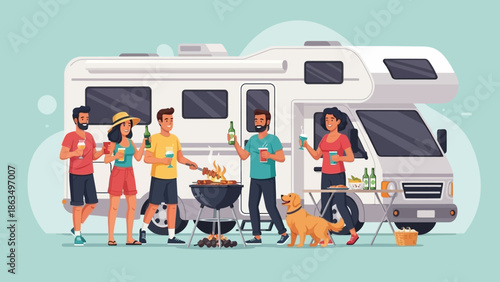 Family enjoying a sunny RV road trip with a dog beside a camping setup.