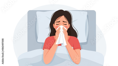 Young woman resting in bed with tissue, conveying illness and tiredness in a cozy bedroom scene.