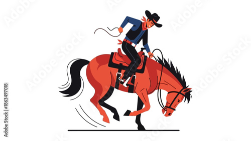 Dynamic illustration of a cowboy riding a red horse with a lasso in action.