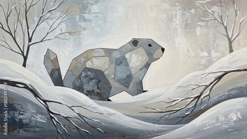 A low poly geometric bear sitting in a snowy forest landscape with bare trees and a serene