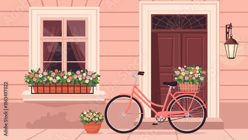 Pastel Street Scene with Bicycle, Flower Boxes, and Cozy Facade.