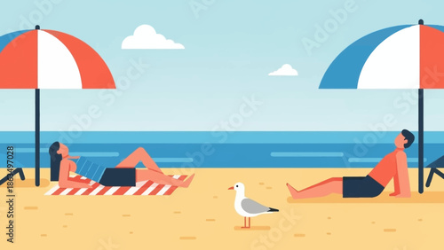 Scenic beach scene with sunbathers, umbrellas, and calm ocean under a bright sky.