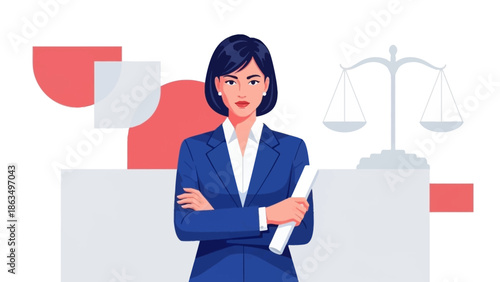 Confident female lawyer standing with documents and scales of justice in a professional setting.