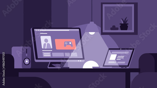 Cozy modern home office setup featuring multiple screens and purple lighting at night in a dedicated workspace.