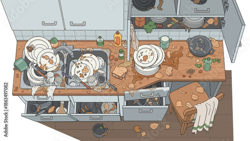 Overhead view of a cluttered kitchen scene with dishes, utensils, and scattered items.