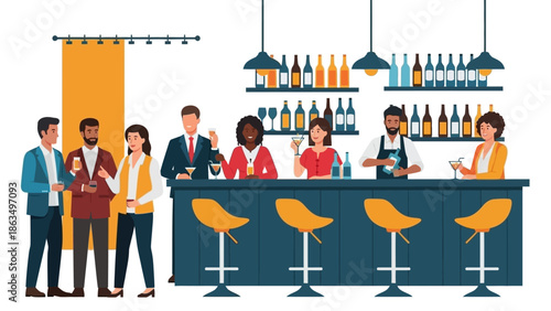 Vibrant group of people socializing at a modern bar with colorful drinks and stools.