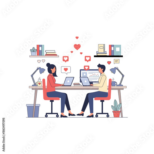 Two people working on laptops with social media likes and hearts above