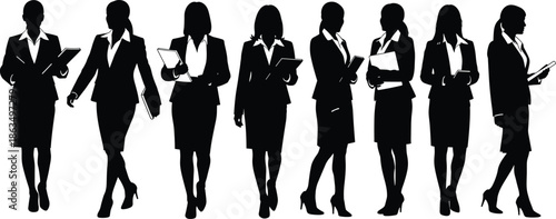 Professional businesswomen in silhouette holding folders, tablets, and notebooks in various poses for corporate, office, and business design.