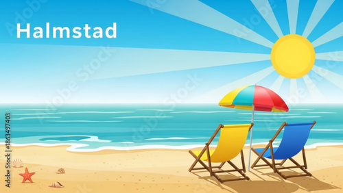 Beach scene with two colorful deck chairs and umbrella on sandy shore with starfish seashells, sunny day with blue ocean waves and clear sky with summer and fun