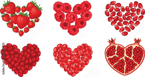 A heart-shaped arrangement of fresh strawberries, raspberries, and pomegranate seeds on transparent background