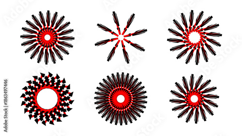 Set of 6 Red and Black Abstract Circular Graphic Elements
