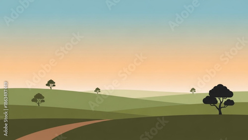 A serene landscape with rolling green hills, a winding dirt road, and trees under a gradient sunset sky with blue, orange, and yellow hues with nature with view