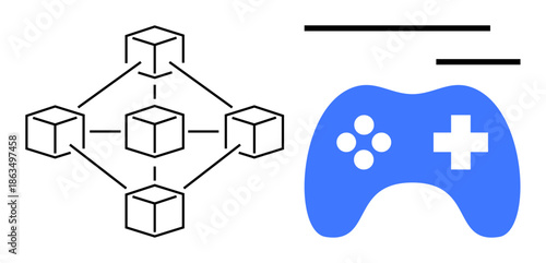 Blockchain, digital assets, gaming, technology integration, decentralized systems, gamification. A network of connected cubes next to a blue game controller. Blockchain and gaming concept