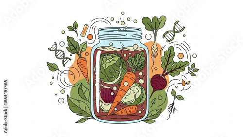 Fermented vegetables in a jar with carrots, beets, and leafy greens, surrounded by dna helices and fresh produce, illustrating healthy eating with fermentation