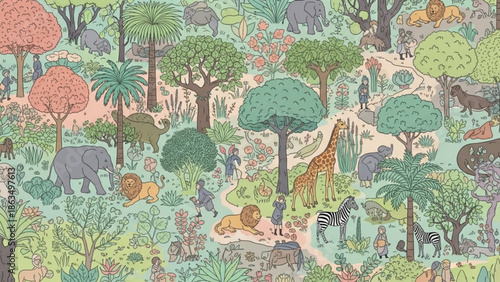 A vibrant jungle scene featuring a diverse array of wildlife including elephants, giraffes, zebras, lions, and various trees and plants in a lush with nature