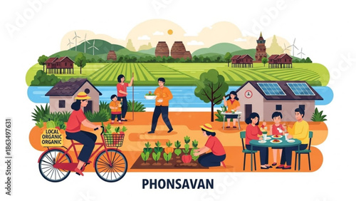 Eco friendly village scene with people cycling, gardening, and dining together near sustainable homes and renewable energy sources in a green landscape