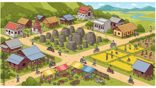 Village scene with houses, people, bicycles, and large pots on a dirt road, surrounded by green hills and fields with rural and landscape with illustration