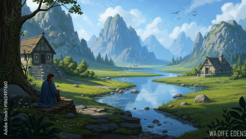 A serene landscape with a person sitting under a tree by a river, two houses, and majestic mountains in the background under a blue sky with clouds with nature
