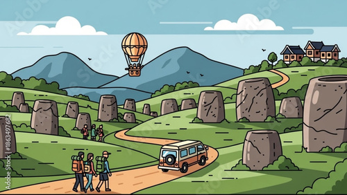 Cartoon illustration of tourists walking on a path through a scenic green landscape with large stones, a bus, and a hot air balloon flying overhead with houses