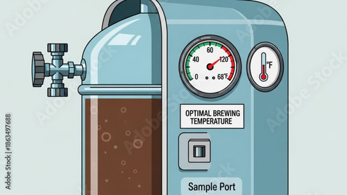 Illustration of a large industrial coffee or beer brewing machine with gauges and valves on a light green background with industrial equipment with coffee maker
