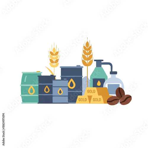 Cartoon illustration of gold bars, oil barrels, wheat, coffee beans, and cleaning products on a white background, conveying a cute and playful mood with a flat lay composition.