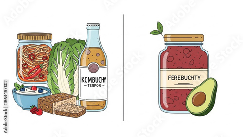 Illustration of healthy food and drink items including jars of pasta sauce and fermented vegetables, a bottle of kombucha, avocado, bread, and a bowl with vegan