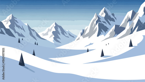 Minimalist vector landscape depicting a majestic snow-capped mountain range under a clear serene winter sky with scattered solitary conifer trees