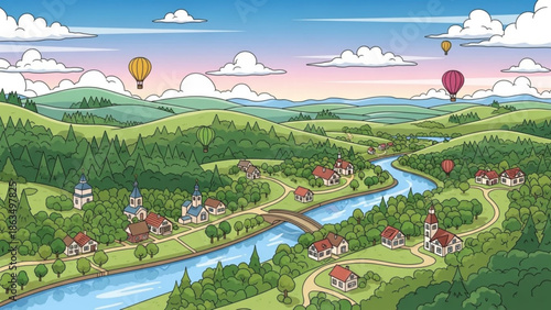 A serene countryside landscape with a winding river, lush green hills, trees, houses, and hot air balloons floating in the sky at sunset, evoking with peaceful
