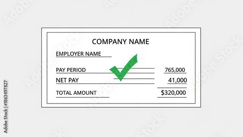 Generic paycheck stub template with green checkmark for approved payroll, financial document for company employee, net pay and total amount with salary with hr