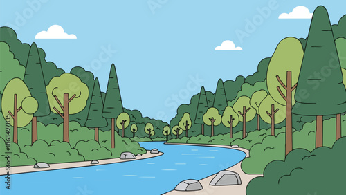 A charming animated river winding through a lush forest under a bright sky with clouds