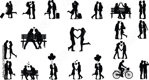 Romantic couple silhouette vector set showing love, hugging, kissing, walking, sitting, and heart gestures in affectionate poses