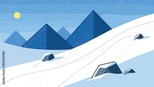 A minimalist winter landscape illustration showcasing stark blue peaks under a yellow sun. Snow-covered slopes feature rocks, conveying serene and