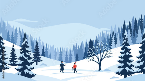A picturesque winter wonderland scene featuring two individuals enjoying a serene snowy forest adventure amidst frosty pine trees and majestic