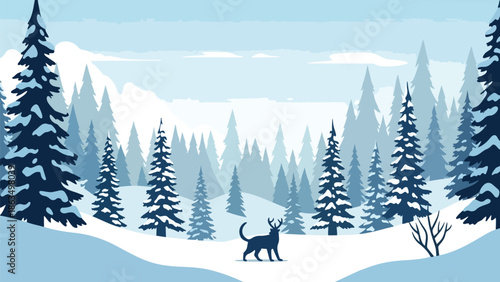 Winter forest panorama with a solitary stag amidst snow-laden pine trees and distant mountains