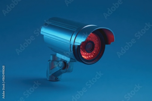 Modern security camera, metallic silver body, vibrant blue background