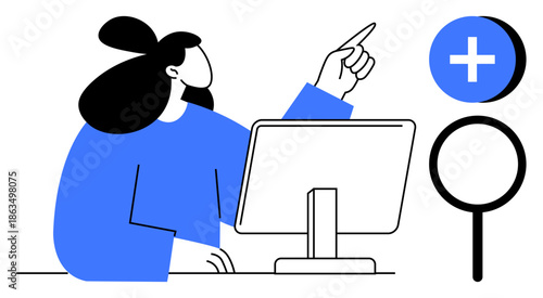 Search concept. A woman operates a computer, highlighting search and addition tools with a magnifying glass and plus sign. Search optimization and digital navigation tools. For data, technology