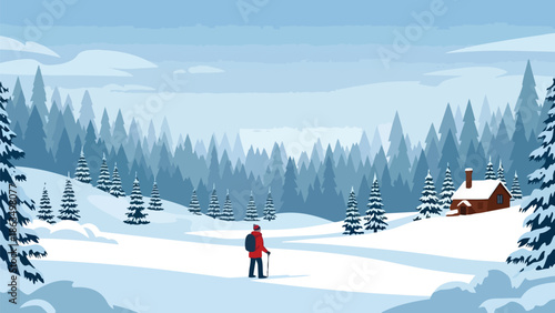 Lone adventurer traverses pristine snowy landscapes, surrounded by evergreen forests, approaching cozy, secluded cabin deep in tranquil winter