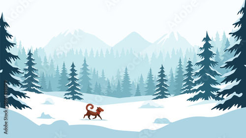 Illustrative winter mountain panorama with a solitary animal traversing snow-covered terrain, framed by frosted pine forests and hazy distant peaks